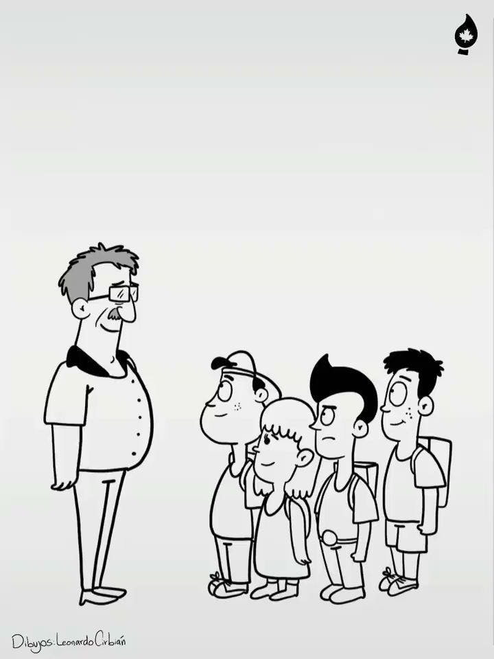 a cartoon drawing of a man with a group of people