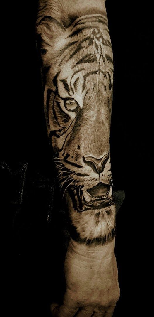a tiger cover-up tattoo on the arm, bochum, germany