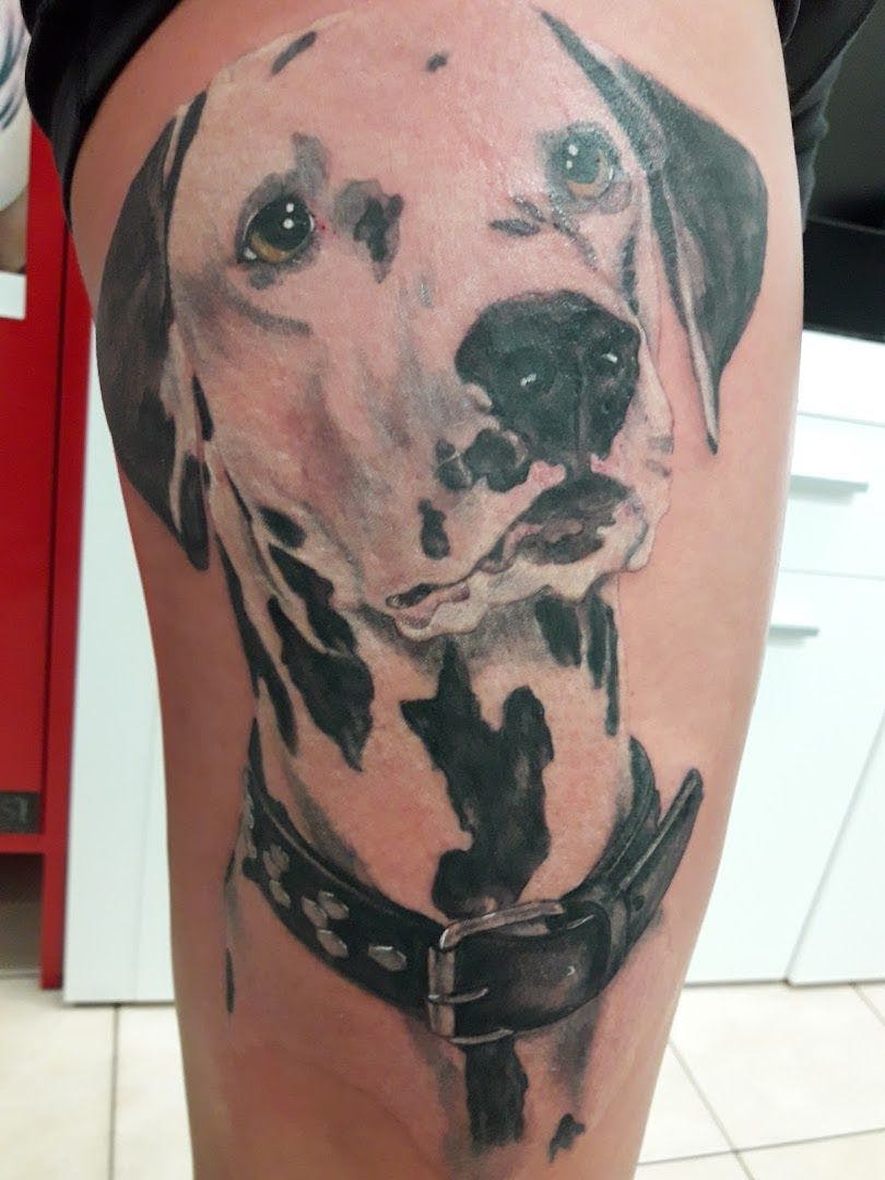 a dog cover-up tattoo on the leg, berlin, germany