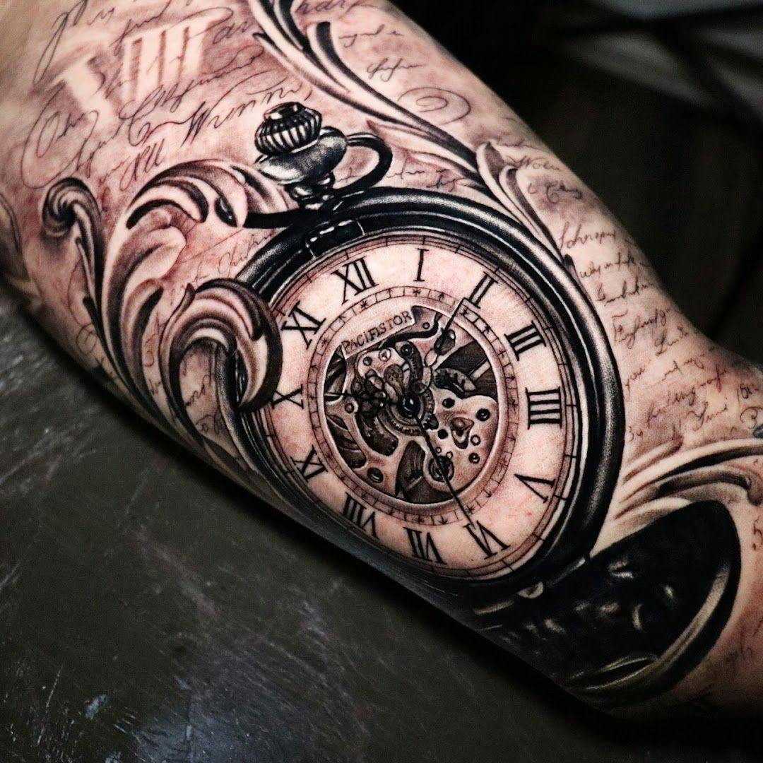 a cover-up tattoo with a clock and a clock on it, düsseldorf, germany
