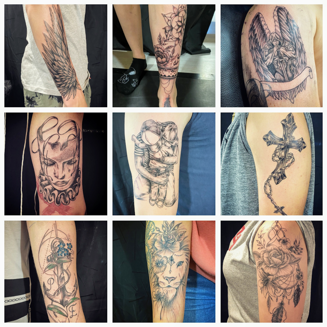 a col of nine pictures of a woman with a narben tattoo, enzkreis, germany