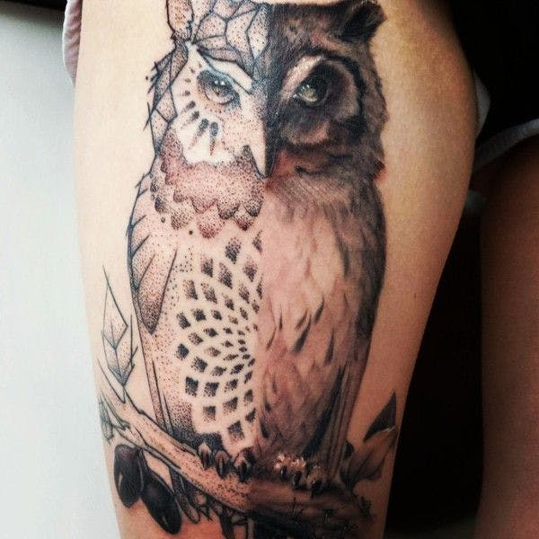 an owl cover-up tattoo on the thigh, berlin, germany