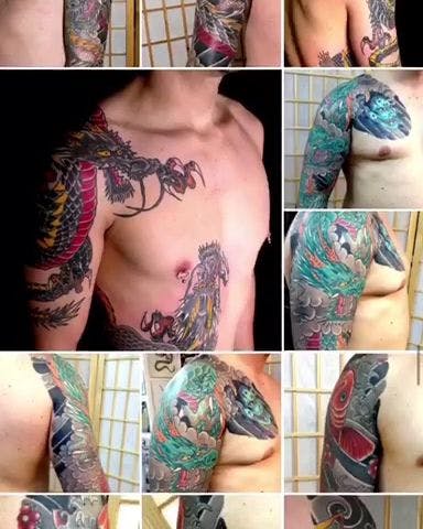 a col of photos of a man with japanische tattoos in leipzigs, düsseldorf, germany