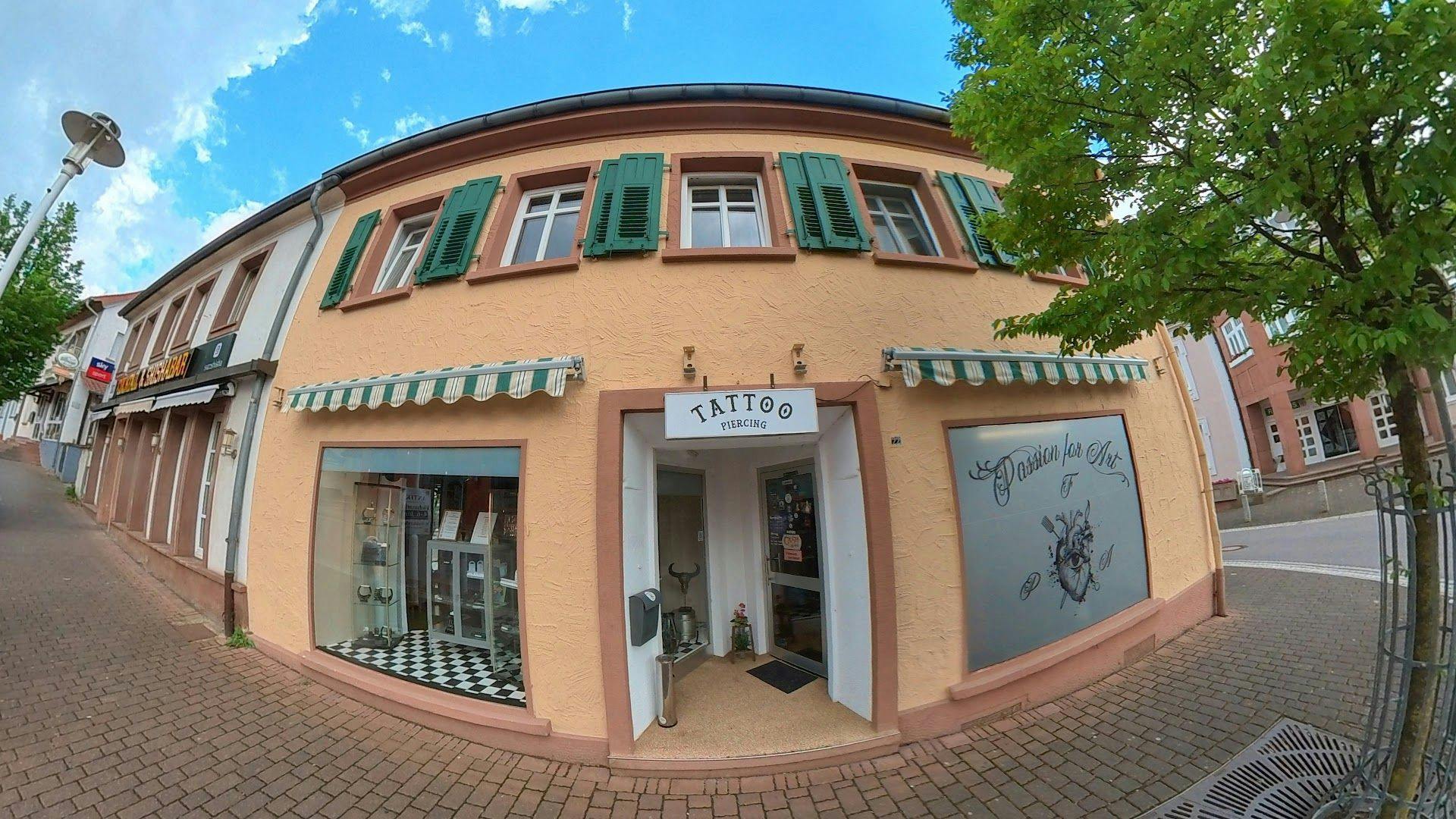 a 360 view of a building in the middle of a street