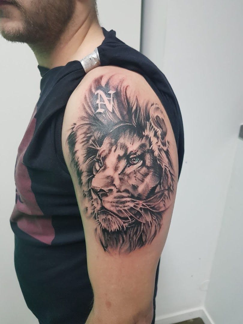 a lion narben tattoo on the arm, ahrweiler, germany