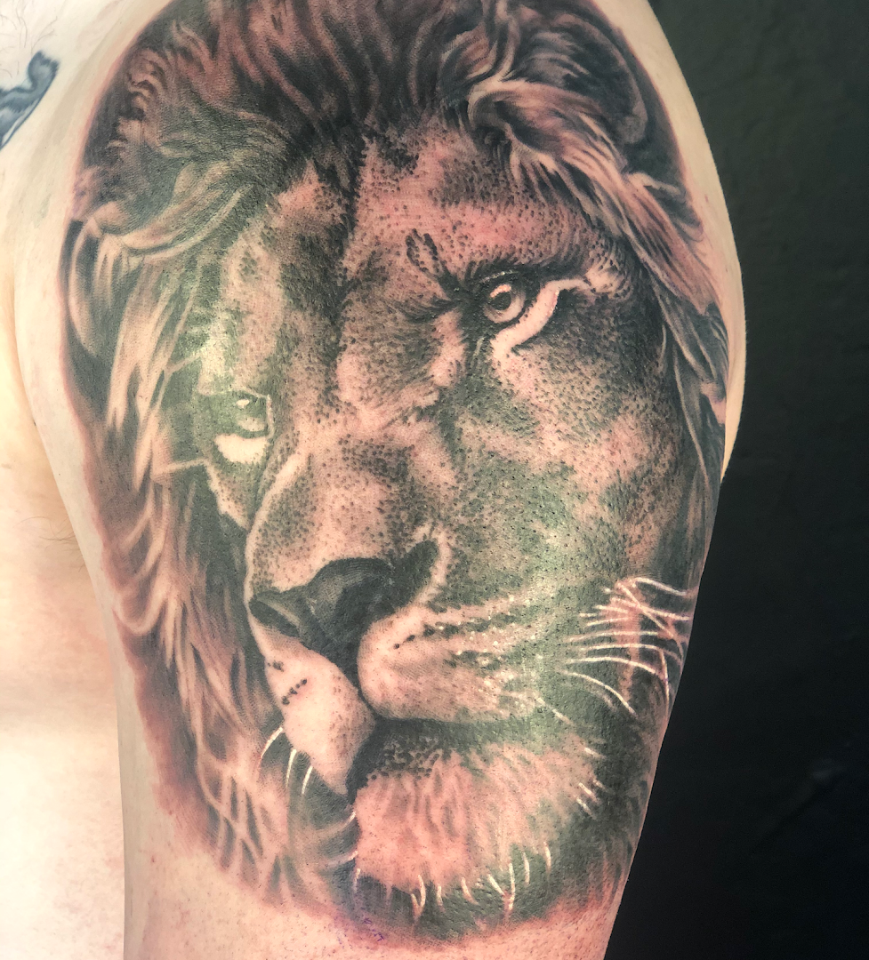 a man with a lion portrait tattoos on his arm, düsseldorf, germany