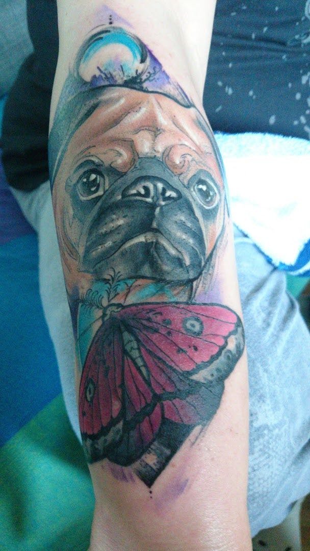 a pug cover-up tattoo on the arm, rhein-erft district, germany