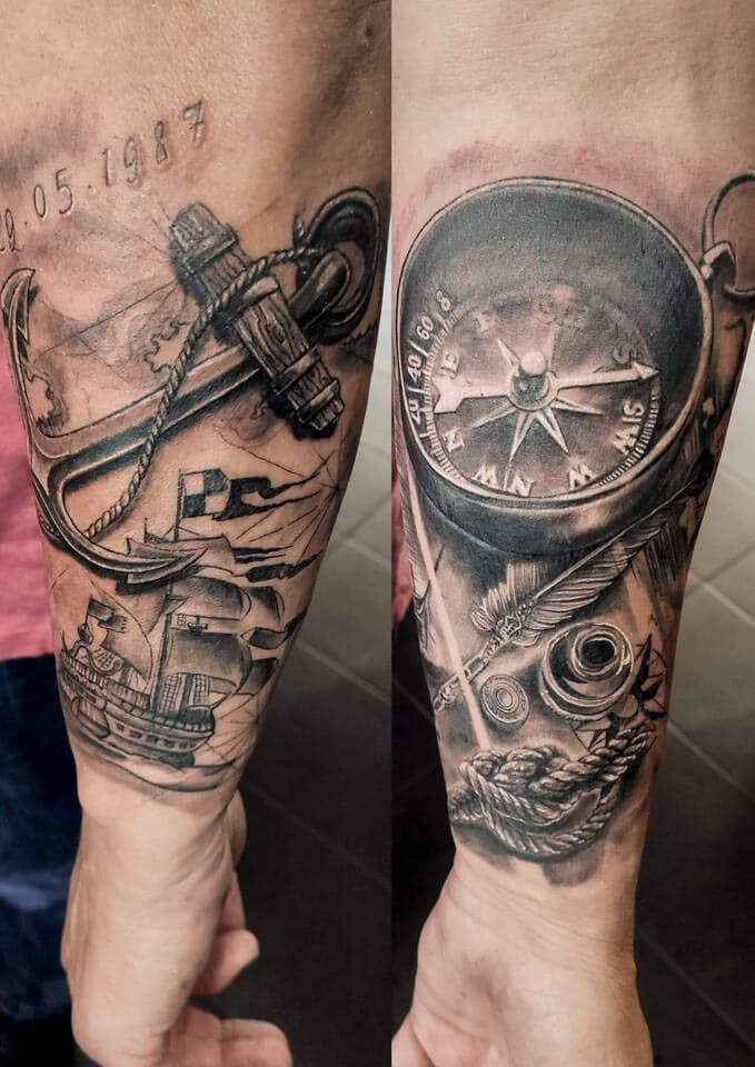 a black and grey cover-up tattoo of a clock, compass and a compass, berlin, germany