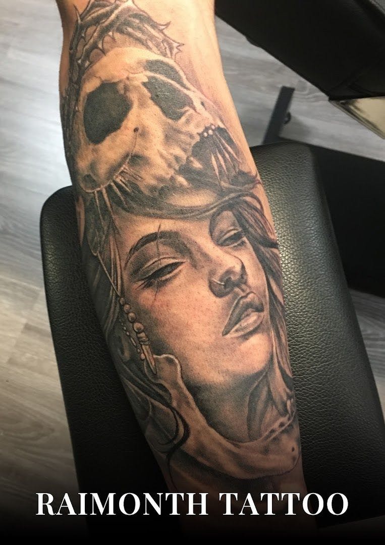 a cover-up tattoo of a woman's face with a crown on her head, wuppertal, germany